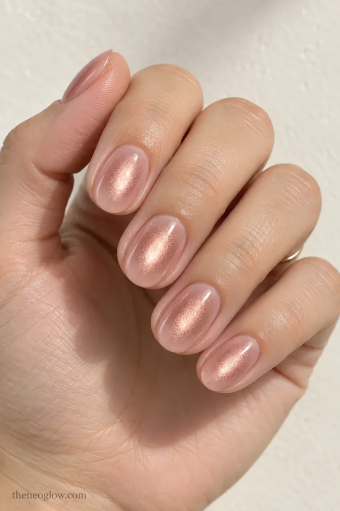 Short oval blush nails with soft floating rose-gold magnetic halos