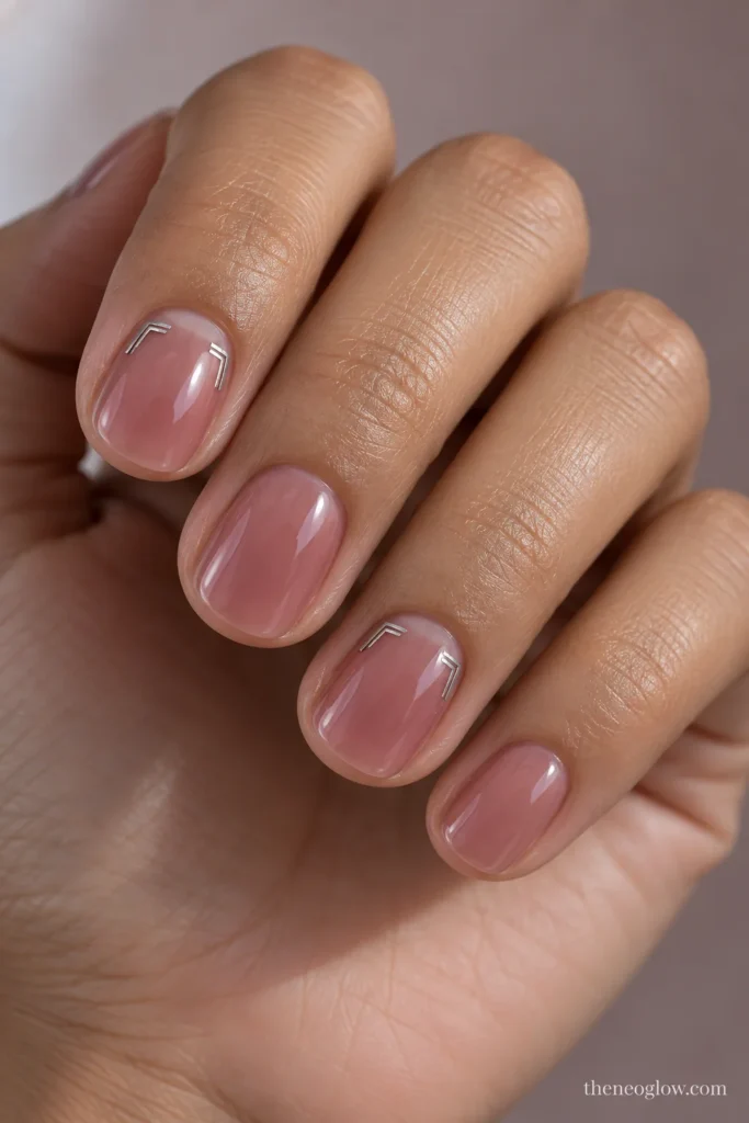 Short round dusty-rose jelly nails with slender pewter corner brackets on the index and ring fingers.