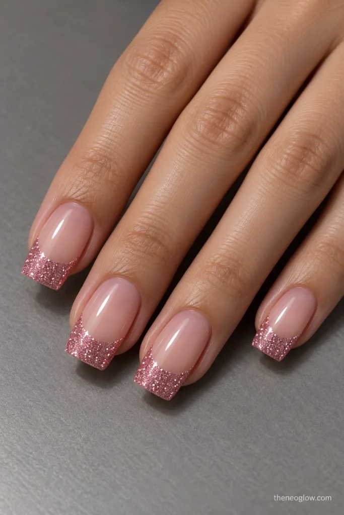 Medium square nails with densely packed rose-pink fine-glitter French caps over sheer rosy-beige polish.