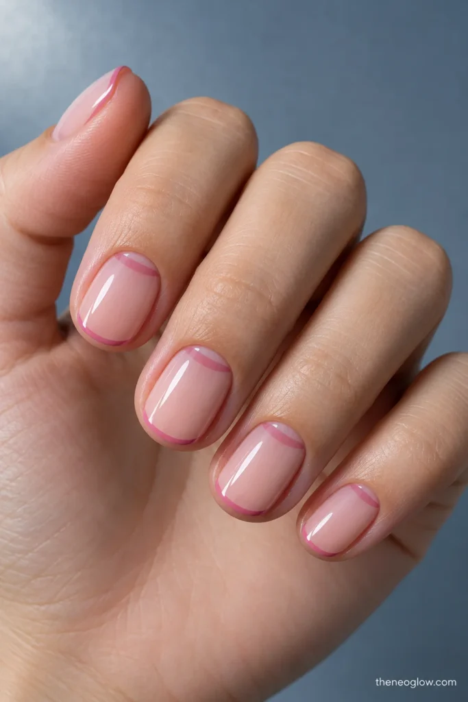 Short oval nails with separate rose-pink cuticle crescents and brighter rose micro French tips.