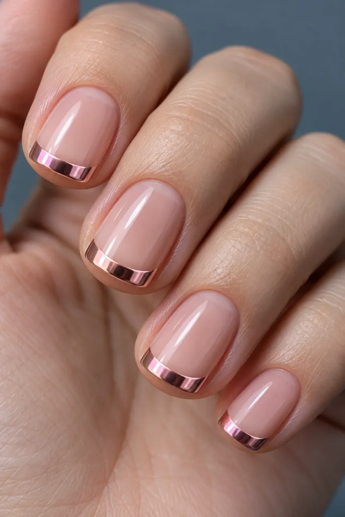 Short squoval nails with narrow mirrorlike rose-pink chrome French tips and sheer neutral-pink bases.