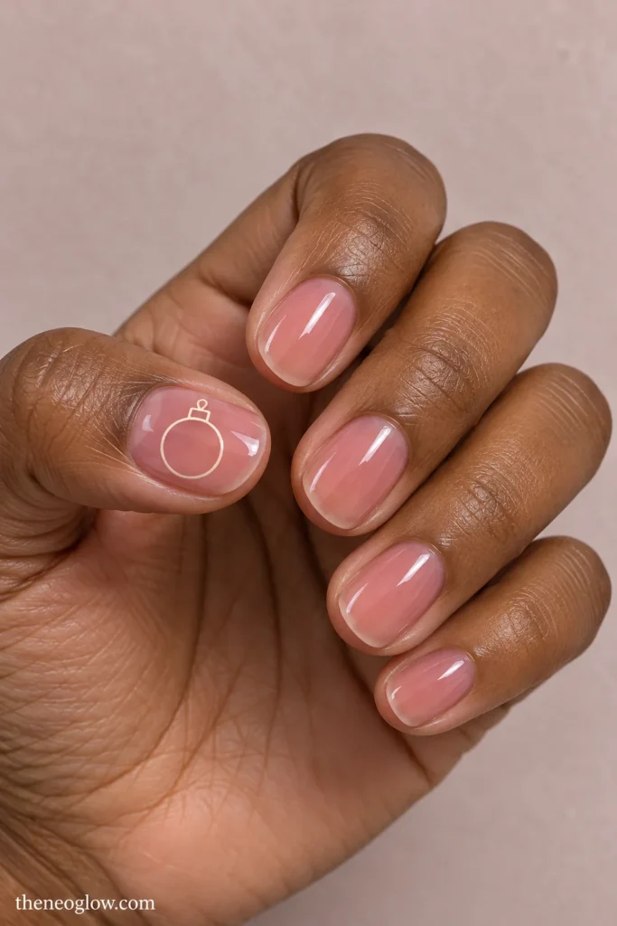 Short translucent rosewater-pink oval nails with a fine ivory Christmas ornament outline on the thumbnail.