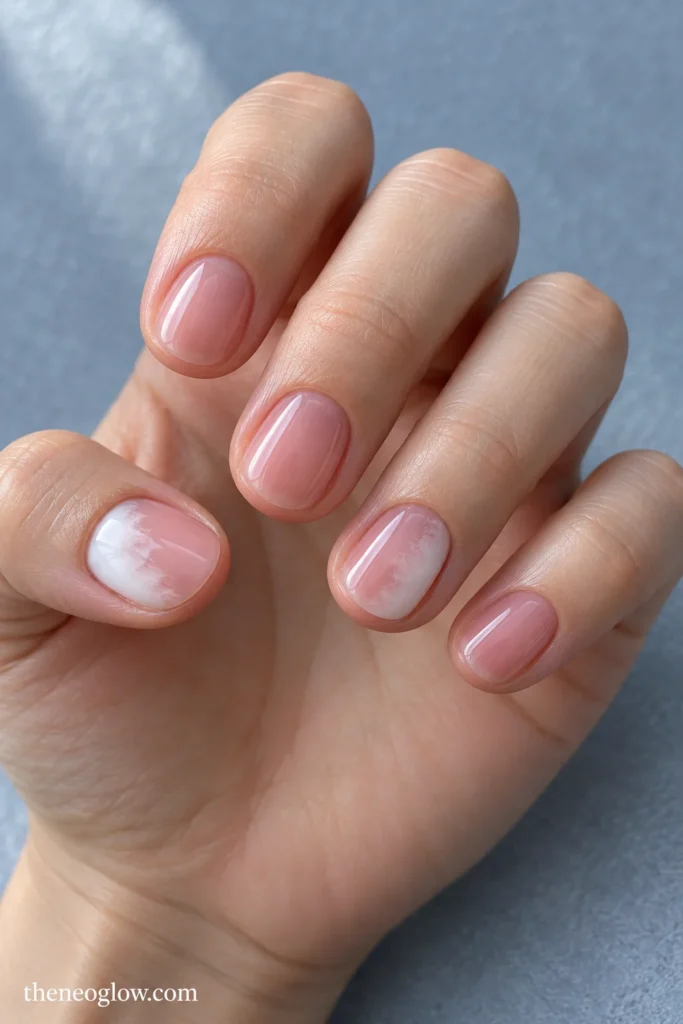 Extra-short glossy rosewater round nails with a blurred milky-white side haze on the thumb and ring finger.