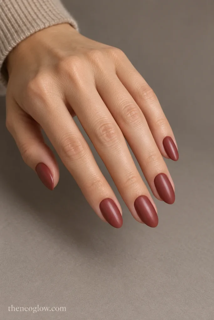 Medium almond nails in warm rosewood with a soft satin finish.
