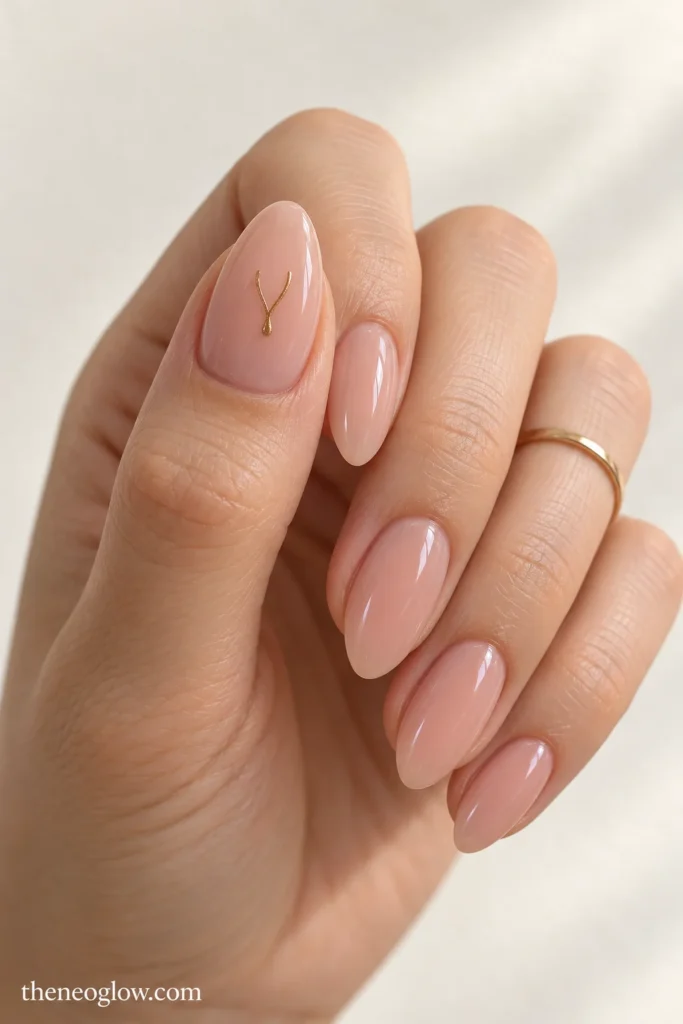 Sheer rosy-beige almond nails with a tiny copper wishbone painted on the thumb.
