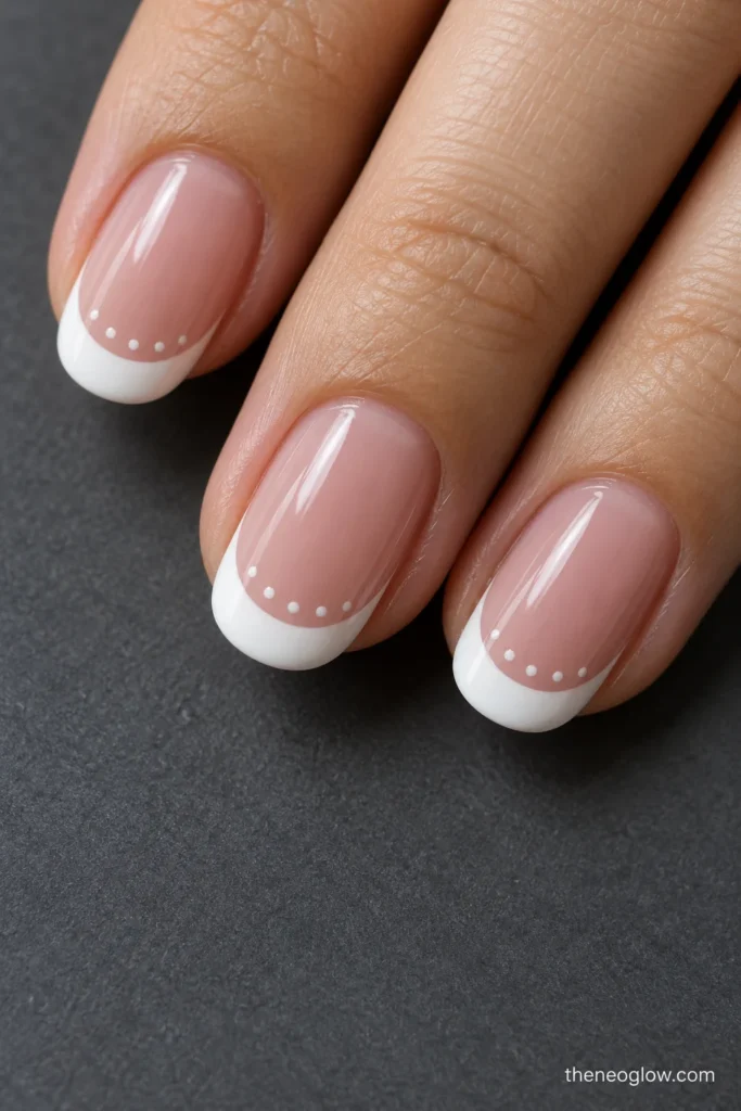 Medium round nails with solid white French tips and a curved row of five tiny white dots below each tip.