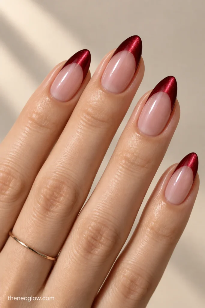 Medium almond nails with sheer bases and deep ruby magnetic French tips