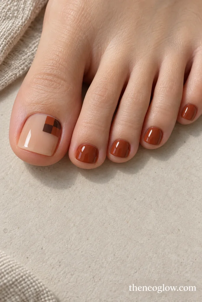 Sheer beige big toenail with a small rust and espresso checker in one corner and solid rust smaller toes