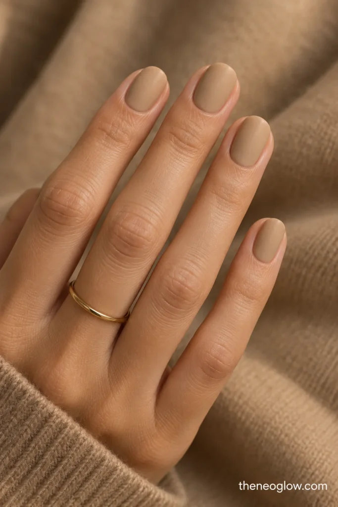 Short oval nails painted warm golden-beige sandstone with a soft matte finish.