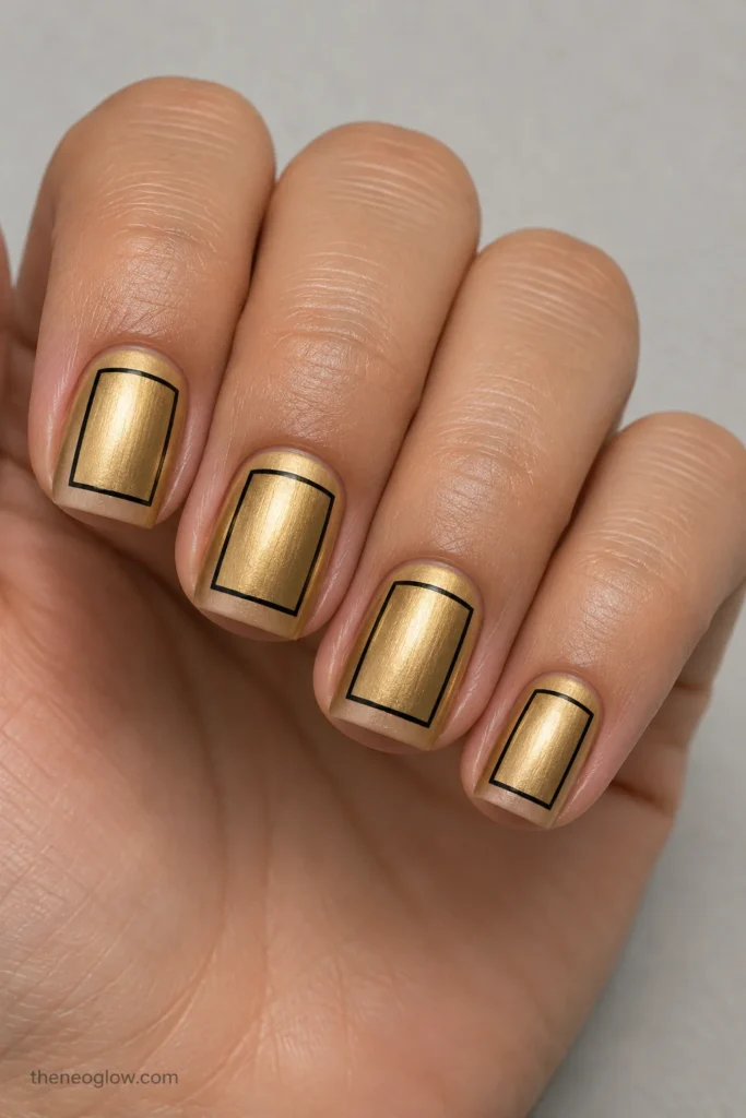 Short square satin-gold nails with slim inset black rectangular outlines.