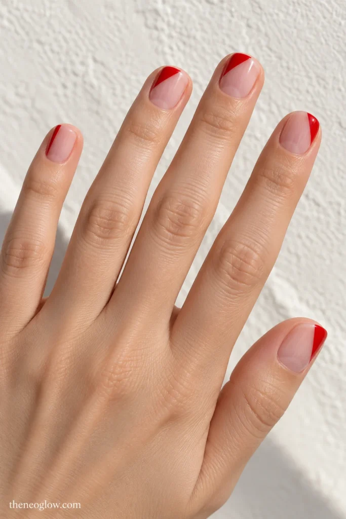 Very short square nails with transparent rosy bases and alternating glossy scarlet diagonal corner tips.