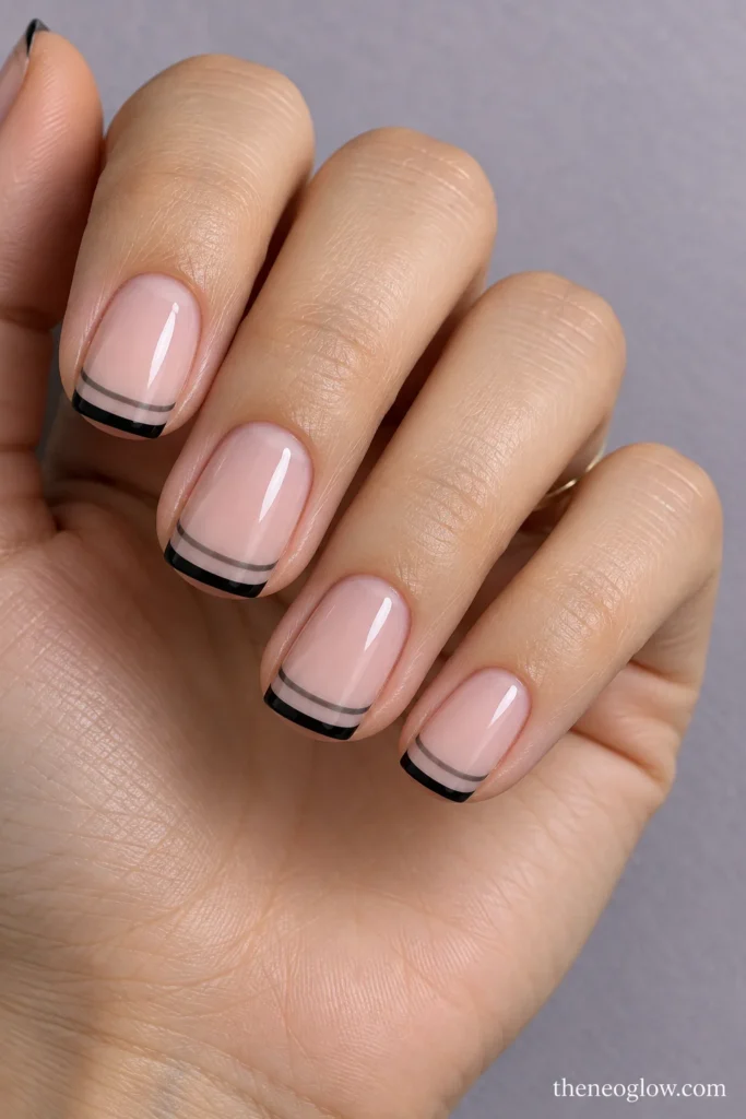 Soft-square nails with black outer French tips and thin gray inner rails separated by sheer pink.