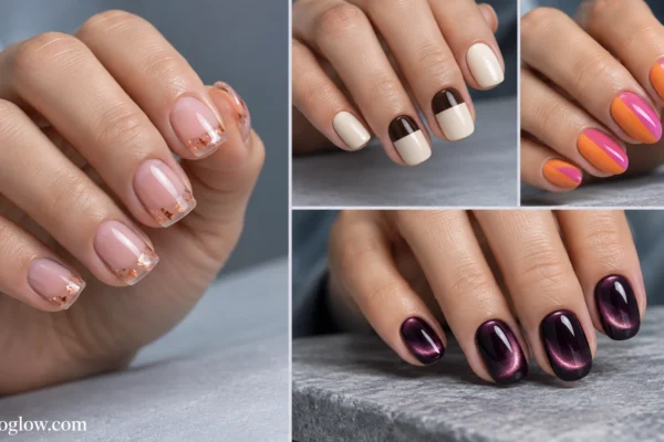 Four-panel collage of short acrylic nails featuring clear copper tips, oat-and-espresso color blocking, plum cat-eye, and tangerine-pink almond designs.