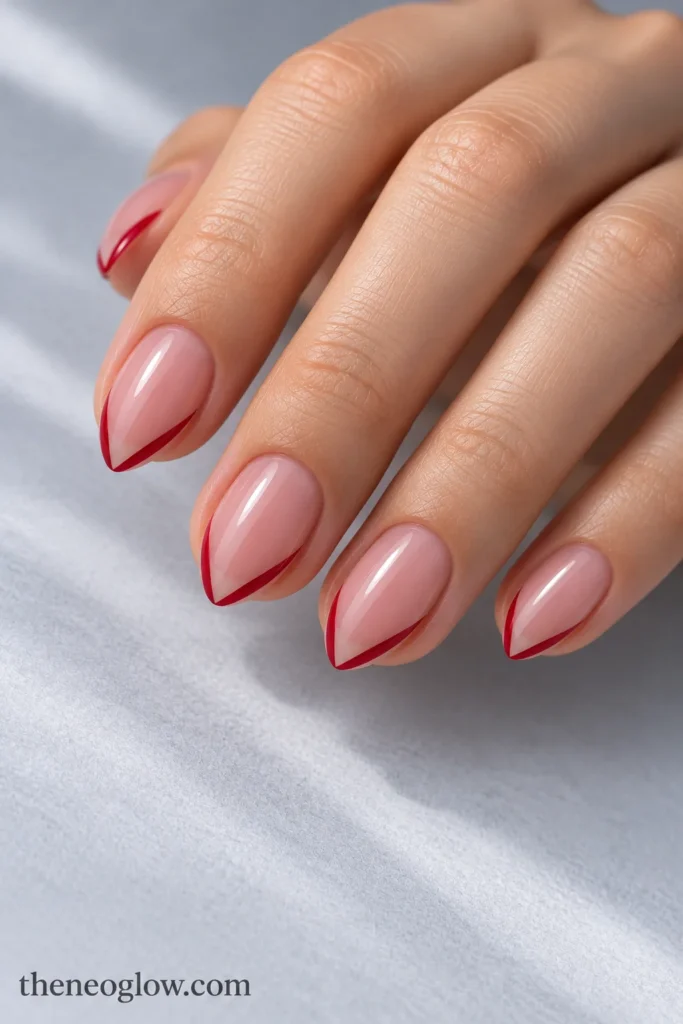 Genuinely short almond acrylics with muted rosy bases and thin carmine V-shaped tip frames.