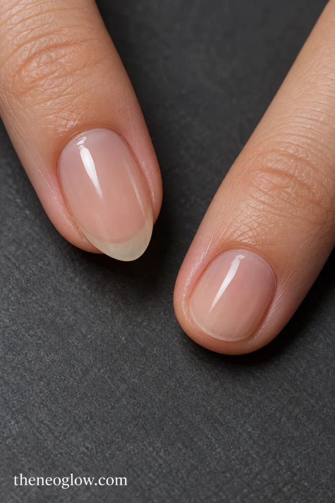 Close comparison of a realistic short soft almond with visible free edge and a near-flush oval nail.