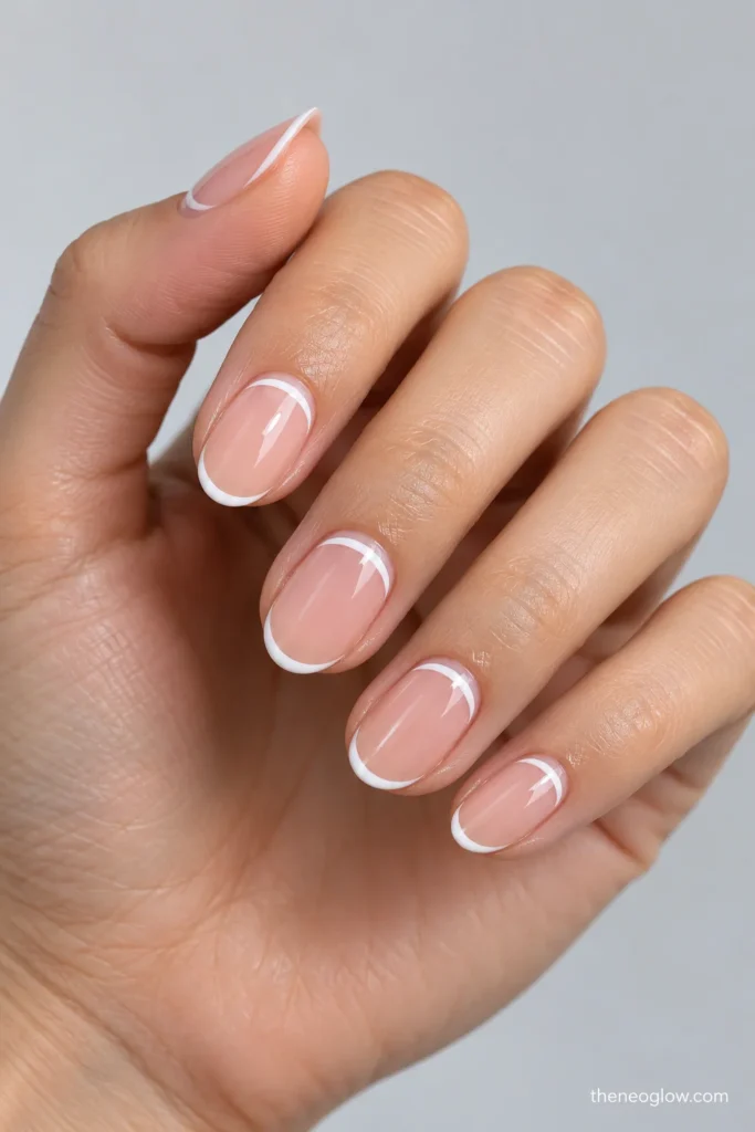Short almond nails with separate white cuticle crescents and thin matching white French tip edges.