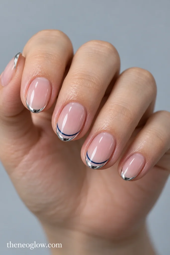 Short almond acrylics with thin silver mirrored tips and separated navy shadow lines on the middle and ring nails. short acrylic nails