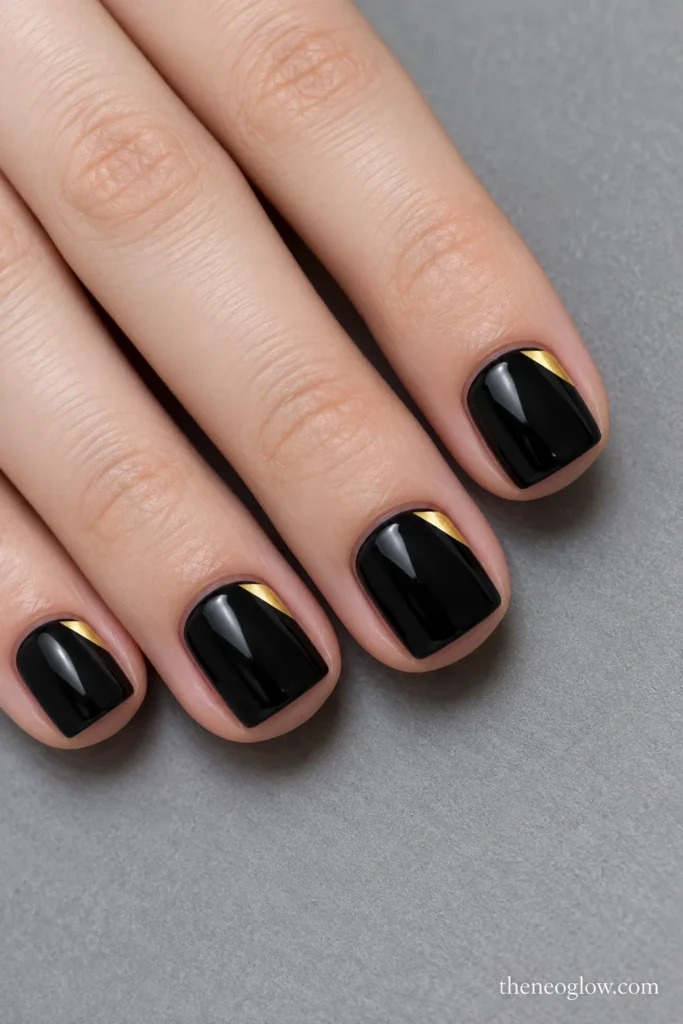 Short black square nails with small metallic-gold triangular patches at one outer tip corner.
