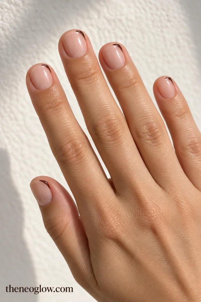 Very short round nude nails with narrow chocolate-brown side-swept French tips.