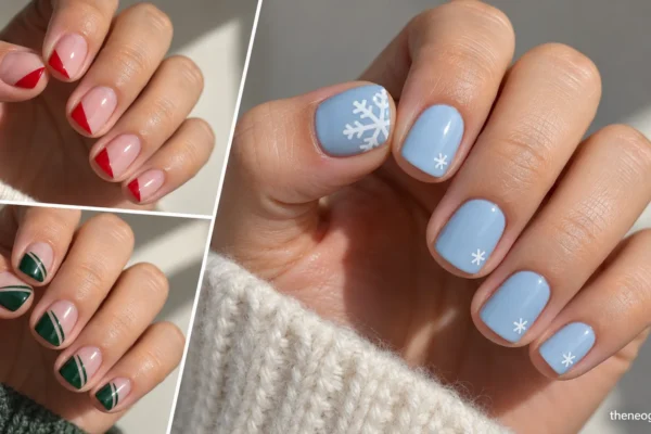 Editorial collage of short Christmas nails featuring powder-blue snowflakes, scarlet diagonal tips, and forest-green negative-space designs.