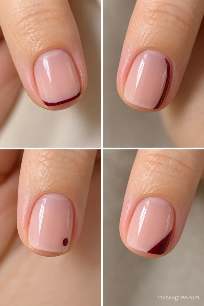 Four short nail examples showing restrained micro-tip, side-edge, tiny accent, and negative-space placement.