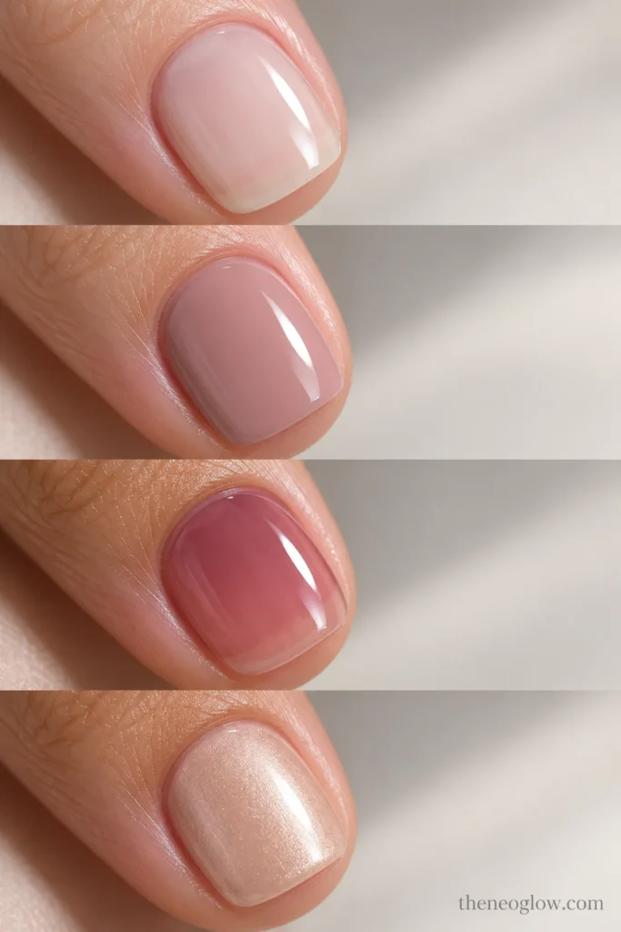 Short nails comparing a milky sheer, opaque cream, translucent jelly, and restrained pearly reflective finish.