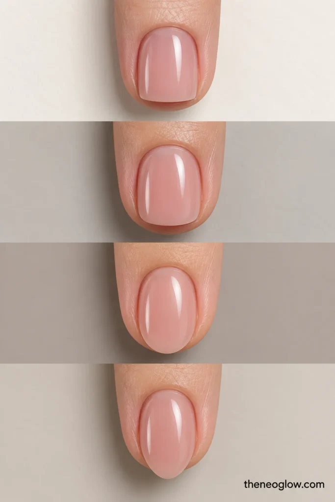 Four separate short nail close-ups comparing soft square, squoval, shallow oval, and realistic short almond silhouettes.