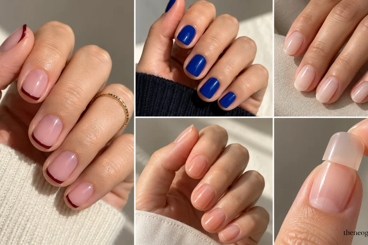 Editorial collage of genuinely short nails showing varied shapes, finishes, minimal designs, and a short press-on fit detail.