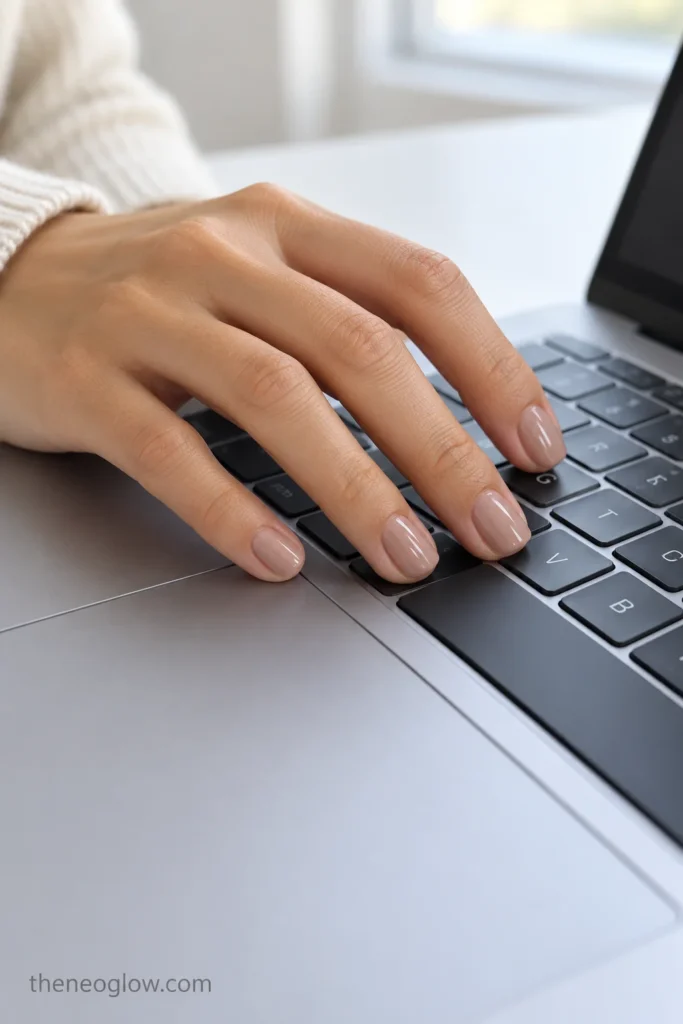 Short smooth squoval nails on a hand typing naturally on a laptop keyboard.