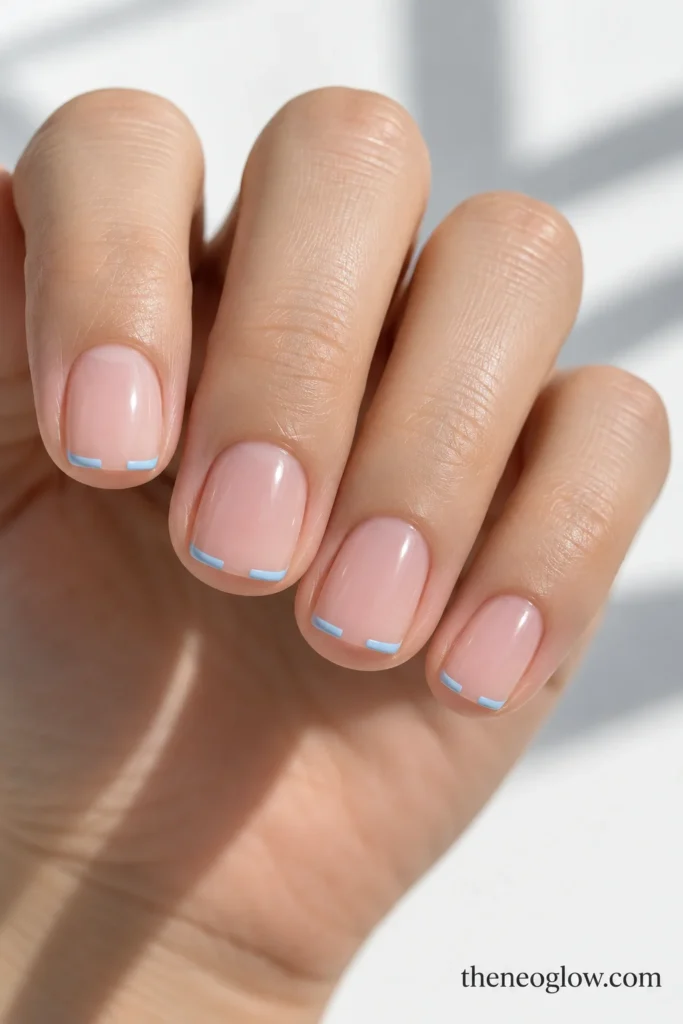 Short translucent-pink squoval nails with two separated ice-blue micro French strokes along each free edge.