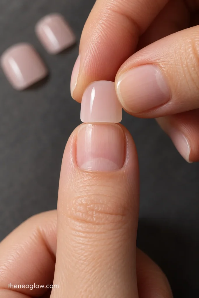Short press-on nail being aligned from sidewall to sidewall over a natural fingernail without touching the skin.
