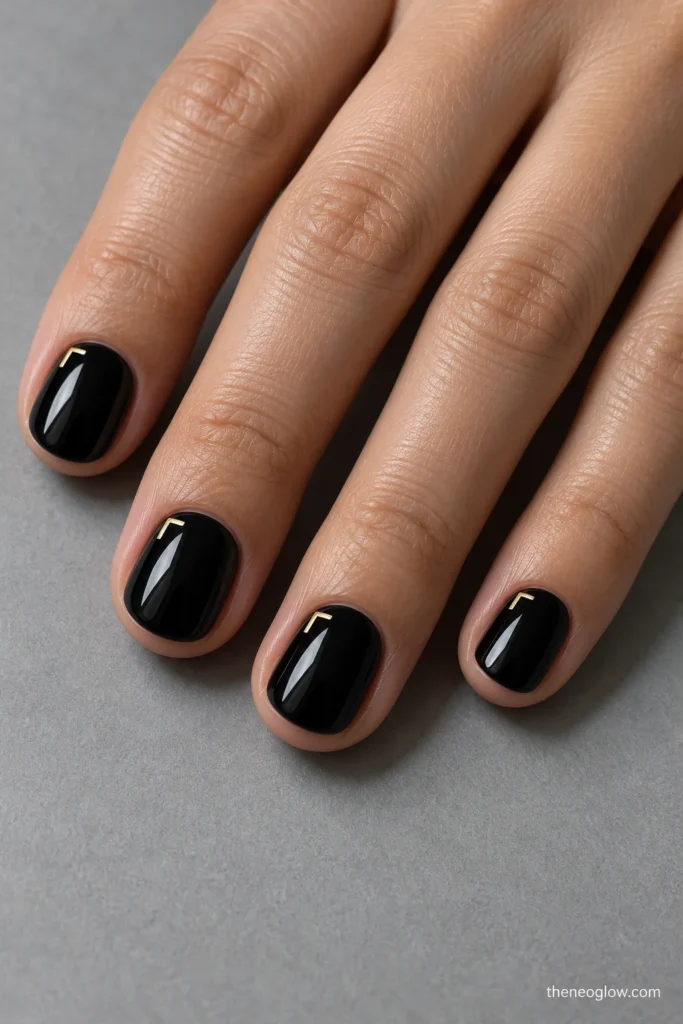 Very short glossy black round nails with tiny brass-gold L marks near the cuticle corners.