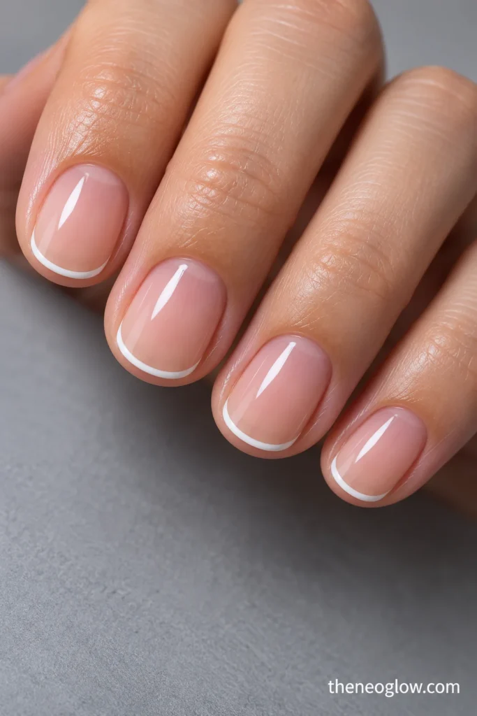 Very short round nails with hair-thin cool-white French edges over a transparent peach-pink base.