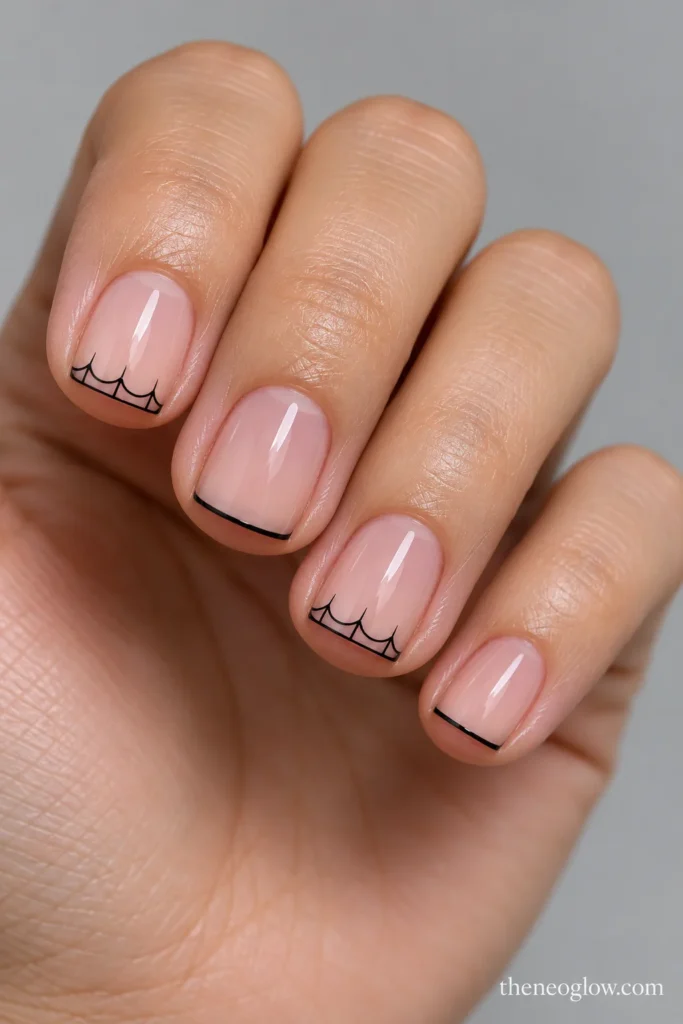 Short square rosy nails with a shallow black spiderweb mesh forming the French tips of two accent nails.