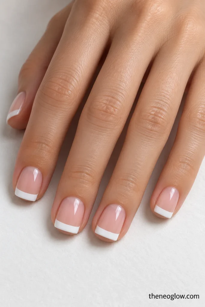 Short square nails with shallow straight porcelain-white French caps and a sheer warm-neutral base.