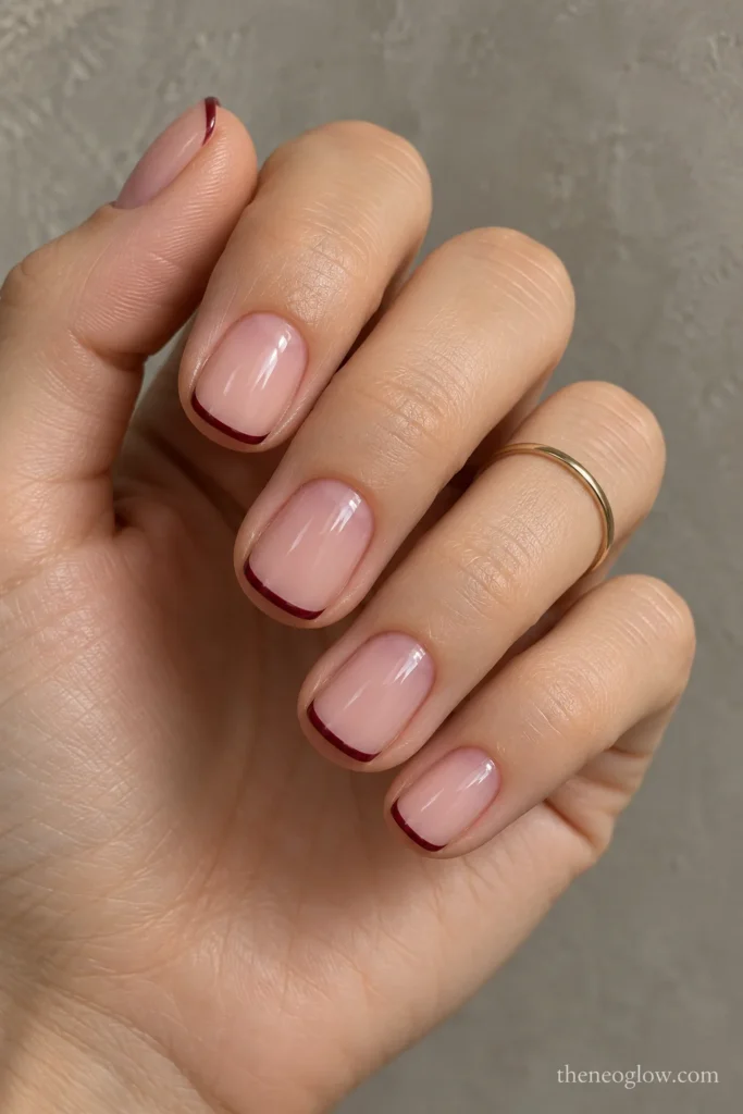Short squoval nails with a sheer rosy base and very thin burgundy micro French tips.