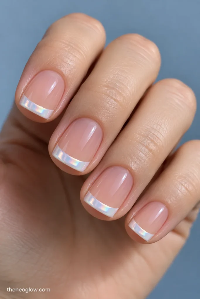 Very short squoval nails with narrow reflective pearl-white French rims over transparent rosy bases.