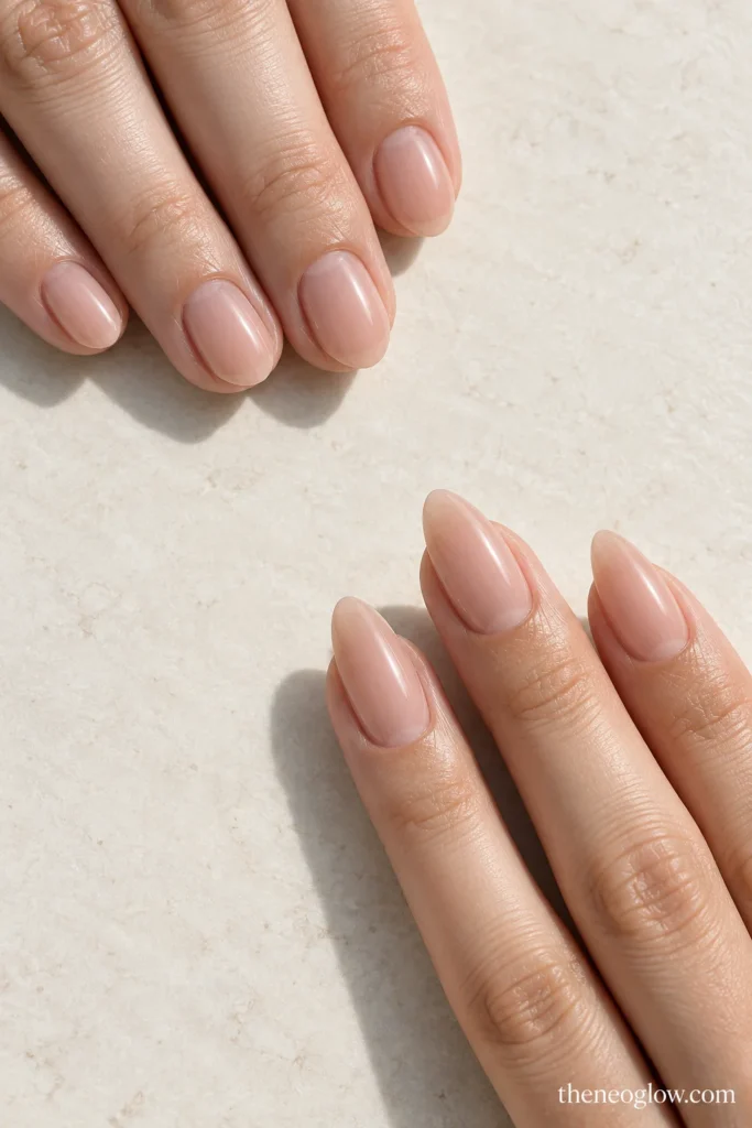 Short soft-almond and medium almond nails compared at realistic natural lengths.