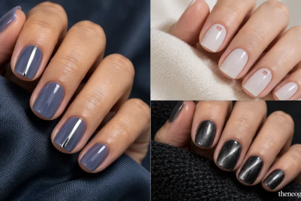 Three-part winter nail collage showing silver-striped blue nails, milky squares with clear cuticle notches, and charcoal cat-eye nails.