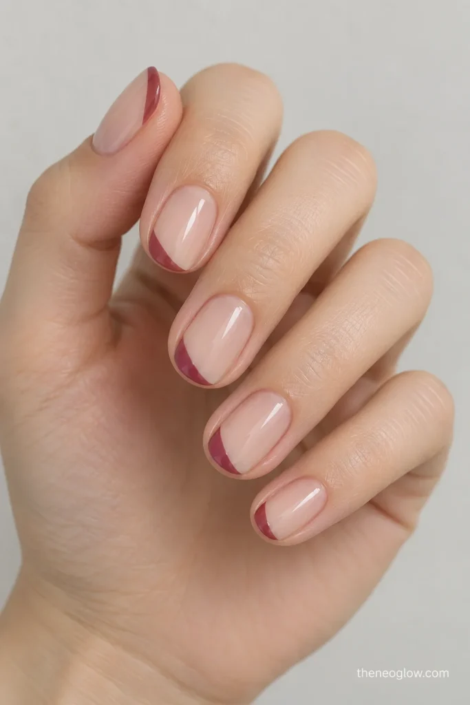 Short oval nails with asymmetrical side French tips over a sheer neutral base.