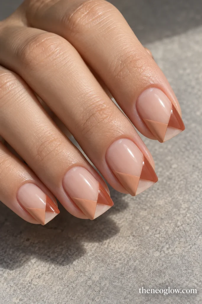 Soft-square nails with overlapping terracotta and peach French-tip triangles and a clear notch.