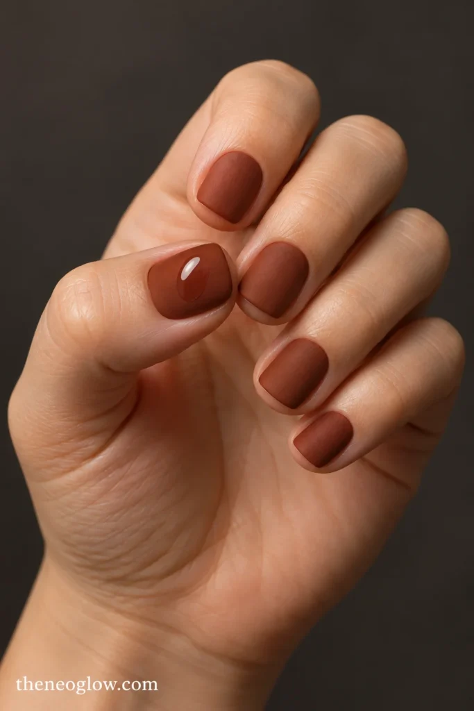 Very short matte sienna nails with a small glossy oval on the thumbnail.