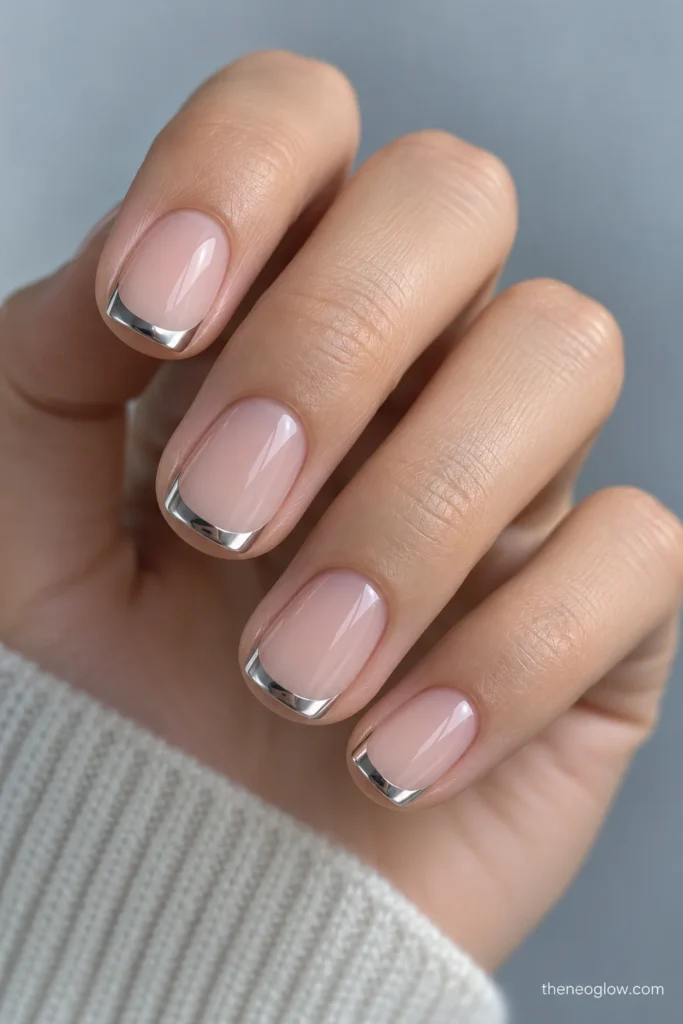 Short squoval nails with sheer neutral bases and slim silver chrome French tips.