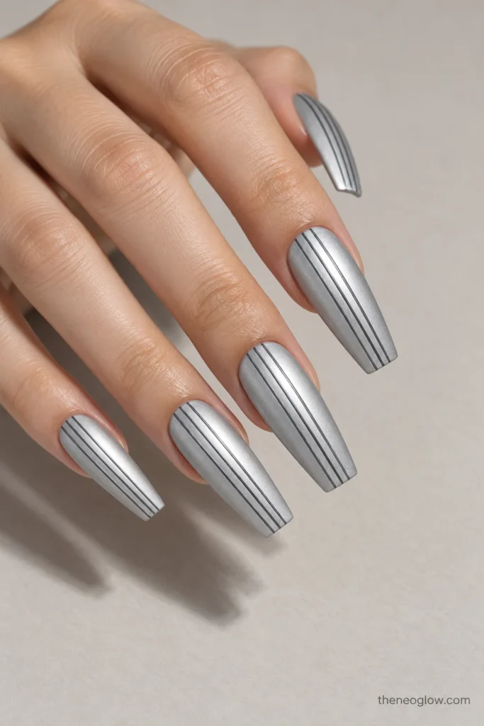Long coffin nails in satin steel silver with three fine dark graphite lines running lengthwise on each nail.