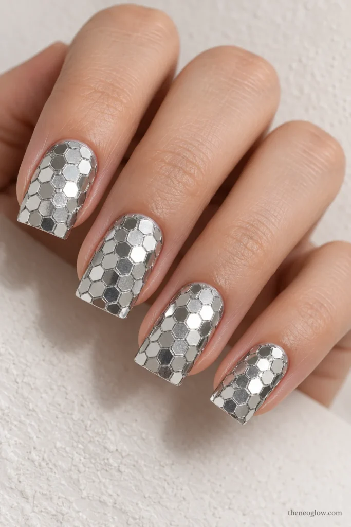 Medium square nails covered with separate flat silver hexagon sequins over an opaque silver base.