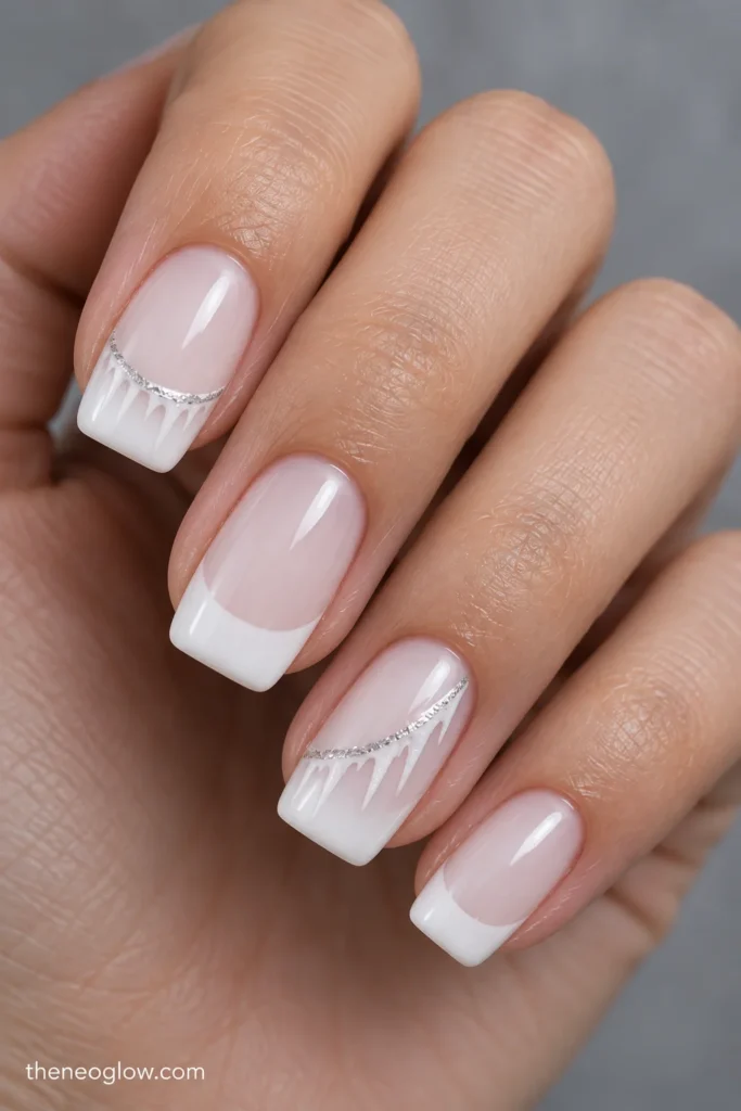 Medium soft-square nails with milky-white bases, snowy French tips, tapered icicle points, and fine silver outlining.