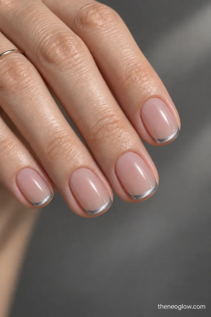 Short squoval sheer nude nails with ultra-thin silver magnetic French tips