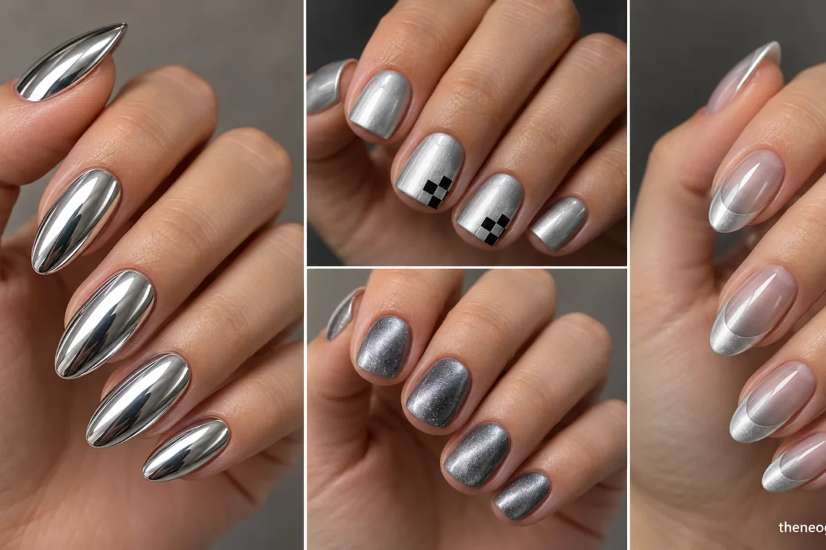 Four silver manicures showing mirror chrome almonds, black checker corners, pearl French tips, and a soft magnetic velvet glow.