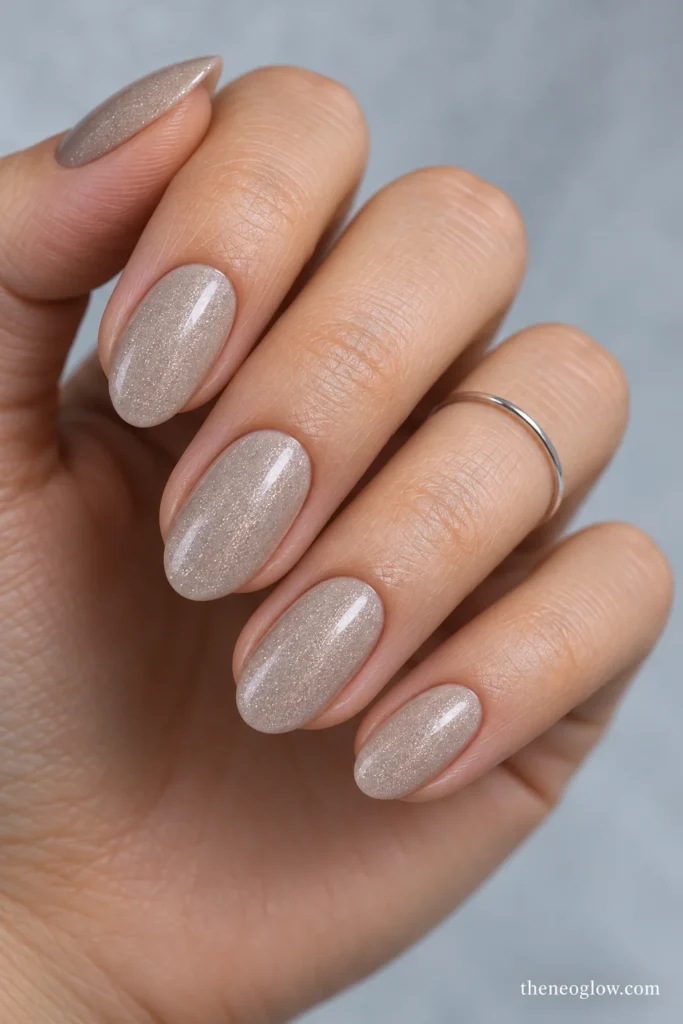 Short-to-medium almond nails with pale sand polish and evenly dispersed fine silver shimmer.