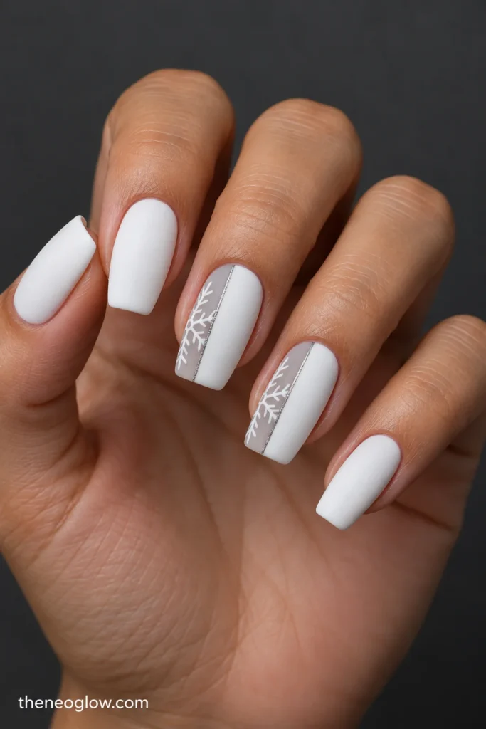 Matte white tapered-square nails with narrow fog-gray side panels, silver outlines, and partial white snowflakes.